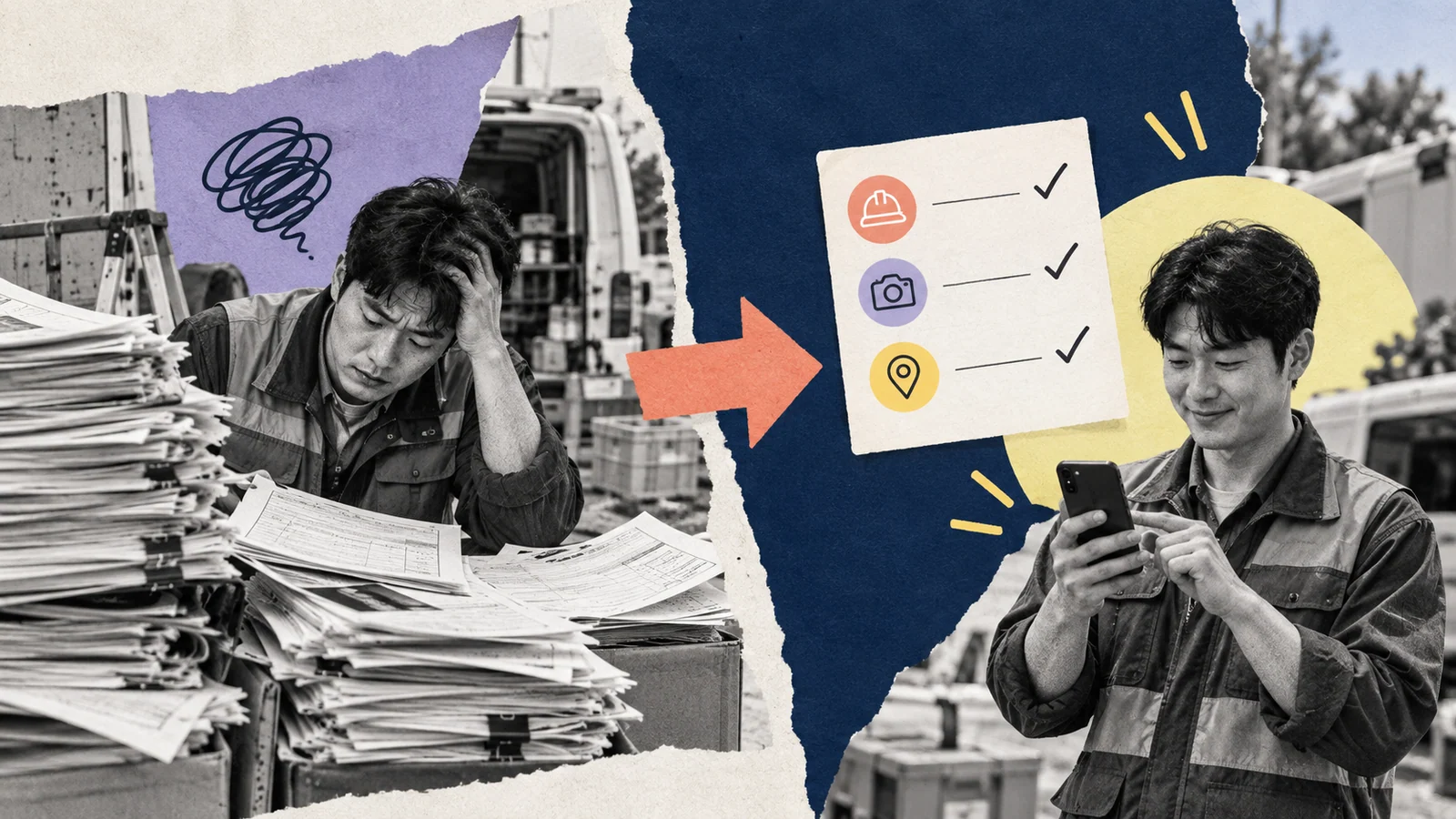 Collage comparing paperwork with a mobile work form