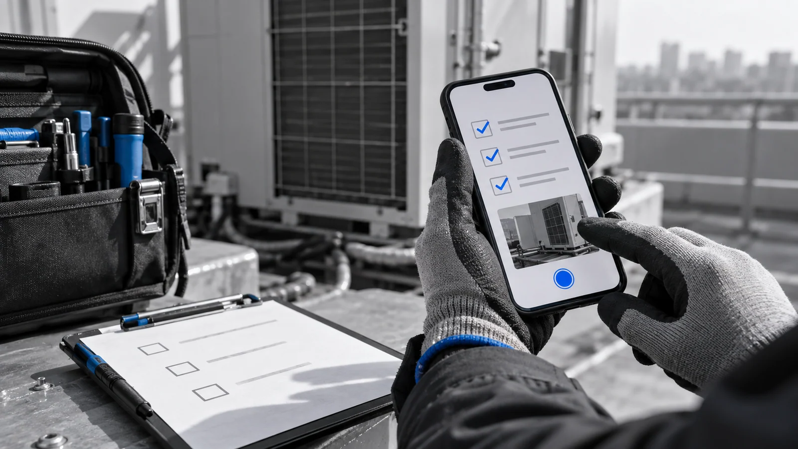 Worker reviewing an on-site checklist on a phone
