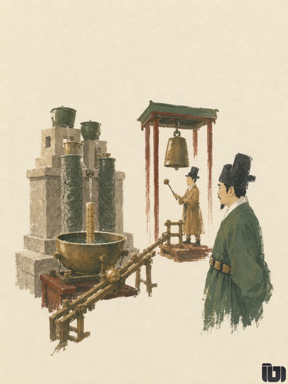 Jagyeongnu's water vessels and ball mechanism connected to a wooden figure striking a bell