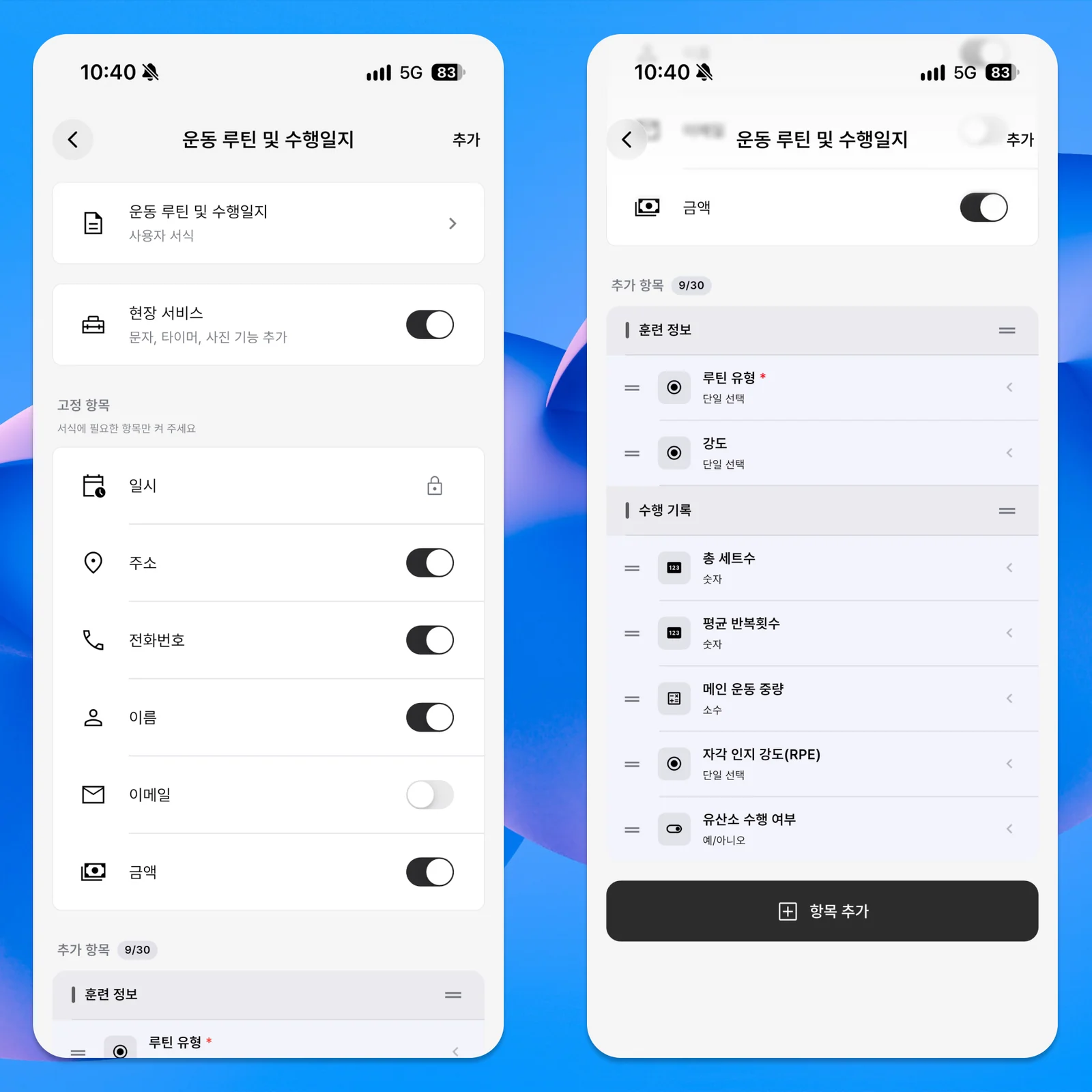 운동 서식의 기본 항목을 켜거나 끄는 화면