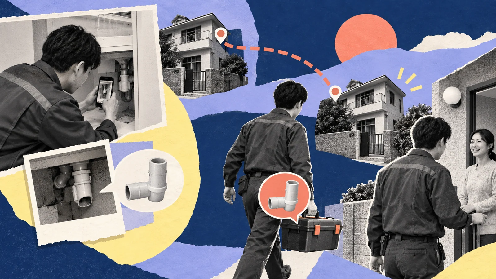 Collage of a repair worker, parts, and a return visit