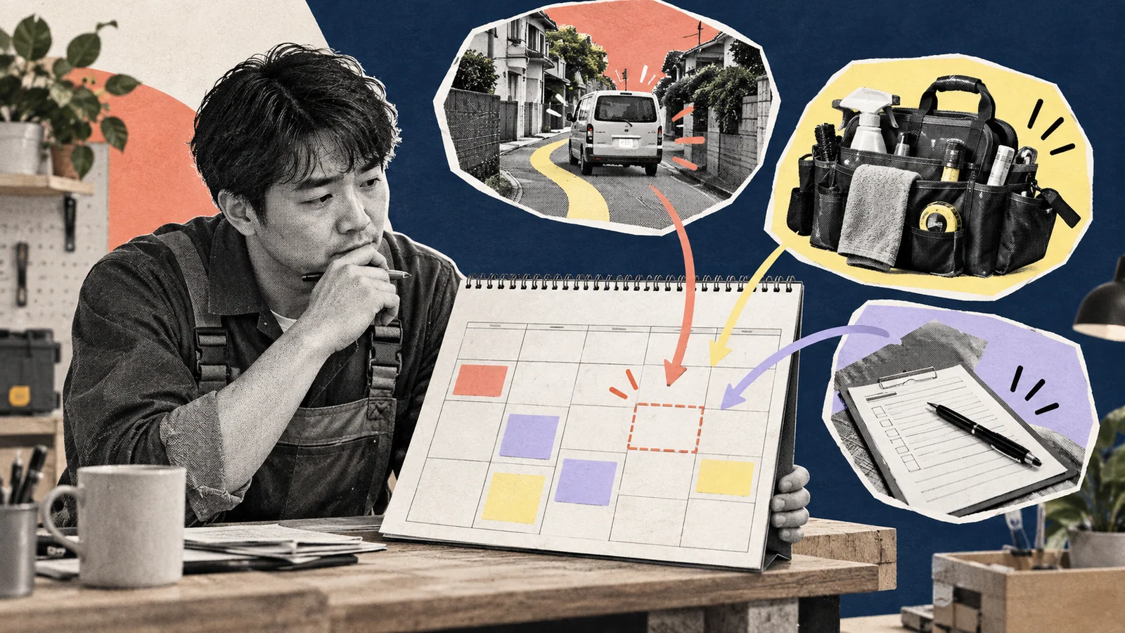 Collage of a solo worker assessing a weekly booking schedule