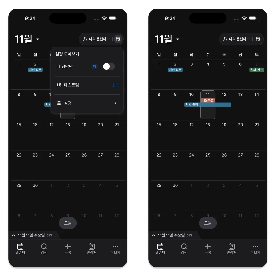 Korean-language ILJI screen showing a team’s schedules for a selected date